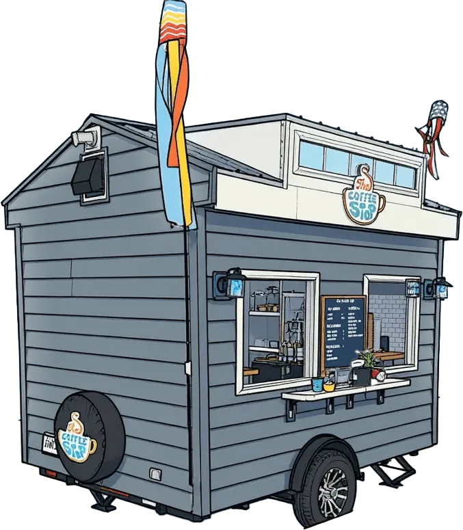 Illustration of The Coffee Stop trailer, a grey espresso trailer with a serving window and colourful windsocks